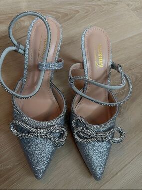 Silver Glitter Pointed Slingback Heels with Crystal Bow by